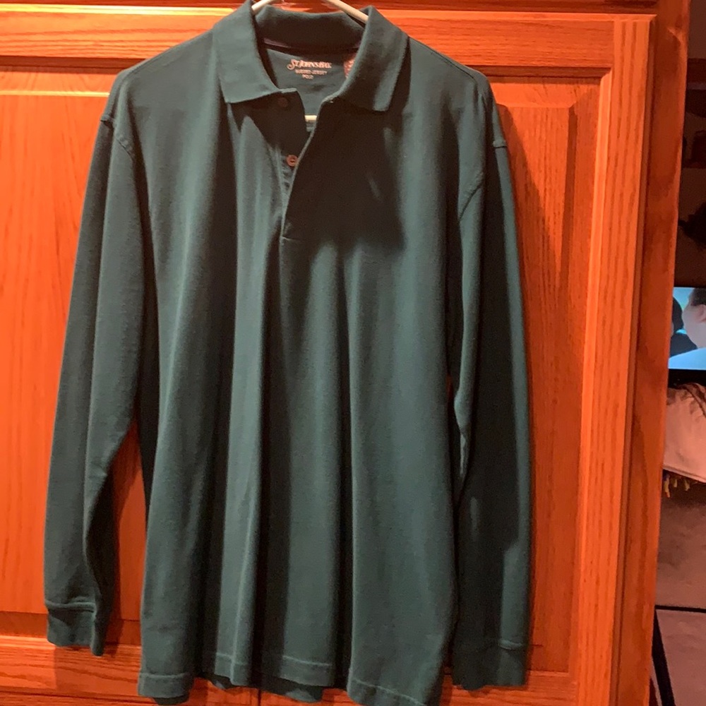 St John Bay long sleeve green polo shirt size Med